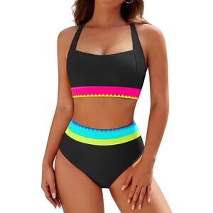 NWT Blooming Jelly High Waisted Bikini Set Tummy Control Neon Color Block Large